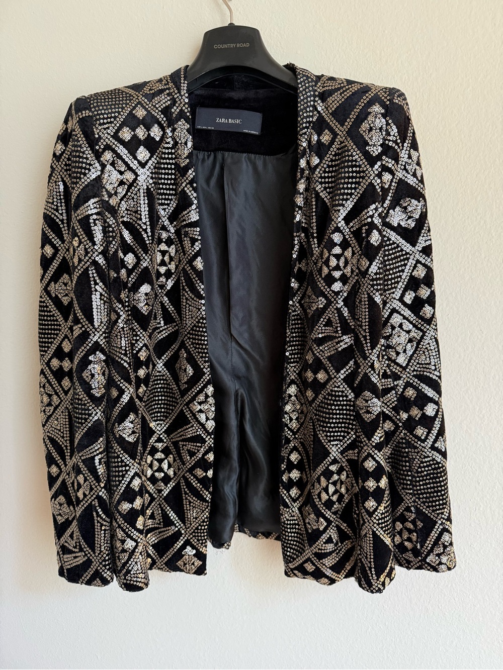 Zara Black Velvet Blazer with Silver Geometric Embellishment